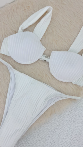 Two Piece Bikini Chest Slay Underwire Top Women Swimsuit Beachwear White Ribbed Design Comfortable