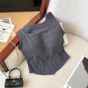 Slim Fit Womens Work Clothing America Style Double Zipper Short Sleeveless Vest with Chest Pad Pure Color Crewneck Short Length