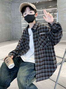 เสื้อเชิ้ตแขนยาวลายสก็อตฤดูใบไม้ร่วงสำหรับเด็กชาย ฤดูใบไม้ผลิและฤดูใบไม้ร่วง เสื้อผ้าเด็ก ผ้าฝ้ายผสม คอกลม ปกติ