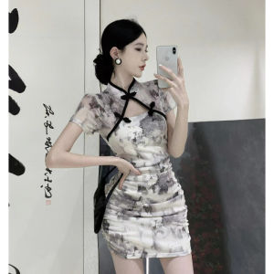 Slimming Retro Improved Version Cheongsam Dress Young 2025 Style Girl Wind Wrap around Skirt Polyester Fiber Short Sleeve