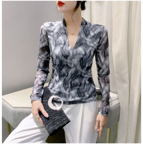 REHIN Autumn New V-Neck Fashion Printed Mesh Long Sleeve Slim Fit T-Shirt Versatile Base Layer Elegant Womens Top