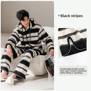 yuenei | Mens Coral Fleece Pajamas Thickened Winter Home Clothes Long Sleeve Button Decoration Sweatpants Warm Casual Wearable Sleepwear