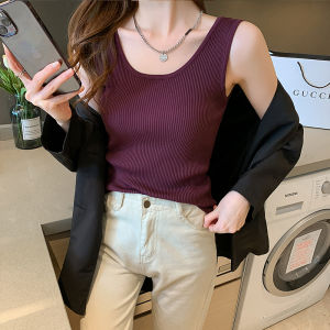 Black Sling Tank Top for Women Sweet Style Slim Fit Knitted Base Shirt Spring Autumn INS Popular Outerwear No Sleeves Top