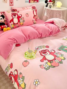 Pink Strawberry Bear Washed Cotton Bedding Set Student Dormitory Three-Piece Quilt Cover Sheet Pillowcase Four-Piece Ins Style