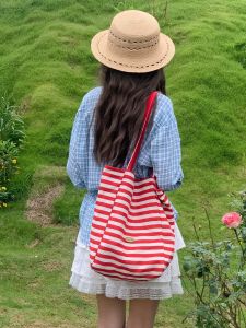 Korean Style Large Capacity Lazy Tote Bag Womens Summer Fashion Double-Sided Shoulder Canvas Bag Striped Single Shoulder Bag