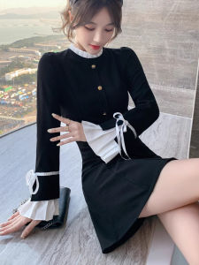 ชุดเดรสสั้นสไตล์ฝรั่งเศส ทรงเอ แขนยาว กระโปรงสั้น ดีไซน์เก๋ไก๋ สำหรับผู้หญิงวัย 18-29 ปี ฤดูใบไม้ผลิและฤดูใบไม้ร่วง