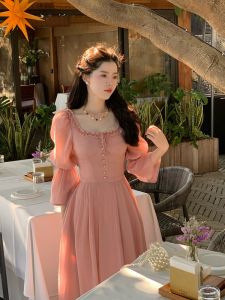 French High Waist Slimming Gentle Pink Dress Spring Summer Court Style Elegance Fairy Princess Short Womens Dress