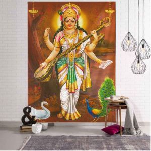VIKAMA Nữ Thần Lakshmi Của Ấn Độ Tấm Thảm Màu Hồng Sari Bốn Cánh Tay Hoa Sen Voi Đồng Xu Vàng Nghệ Thuật Treo Tường Tôn Giáo Hindu Cho Sự Thịnh Vượng