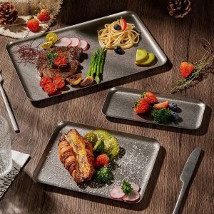 Vintage 304 Stainless Steel Snowflake Silver Square Tray Round Edge Dinner Plate Dessert Grill Tray Steak Plate Decorative Tray