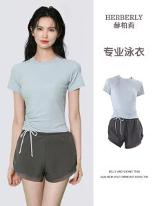 Herberly 2024 Womens Conservative Slimming Thermal Bath Bikini Bottoms Sporty High-Waisted Flat-Bottom Swimsuit Nylon Material