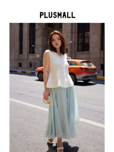 French Style V-neck Slim Shoulders Cinched Waist Vest Irregular Petal Skirt