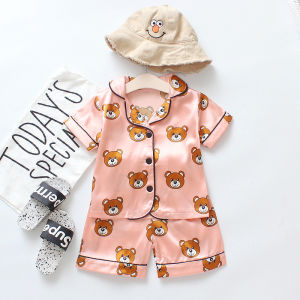Childrens Ice Silk Short Sleeve Sleepwear Set Summer Home Clothes Casual Style Cotton Fabric Boys Girls Cartoon Pajamas