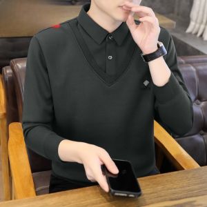 HENGYUANXIANG | Hengyuanxiang Mens Knitted Sweater Fleece Lined Thickened Shirt Collar Red Fake Two-Piece Winter Fashion Casual Polyester Blend