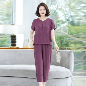 ชุดสองชิ้นคอตตอนลินินลำลองฤดูร้อนสำหรับคุณแม่ ชุดสองชิ้นแขนสั้นสีพื้น ชุดทำงานลำลองสำหรับผู้หญิงวัยกลางคนและผู้สูงอายุ