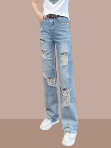 Summer New Hole Denim Jeans Womens Versatile Straight Leg Light Casual Slim Wide Leg Pants Thin Jeans High Waist Long Pants