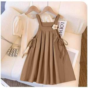 Setelan Dress Pakaian Anak Perempuan Liora Warna Krem/Biru Navy - Model Sweetheart Motif Bunga Ukuran 1-6 Tahun