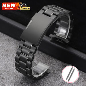 Solid Steel Band Curved End 16/18/20/22/24mm Five Bead Metal Watchband Women Men‘s Business Watch Strap Folding Buckle Bracelet