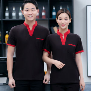 ชุดทำงานพนักงานร้านน้ำชาเสื้อยืดคอวีแขนสั้นชุดทำงานฤดูร้อนร้านขายอาหารร้านหม้อไฟซูเปอร์มาร์เก็ตชานมชายหญิง