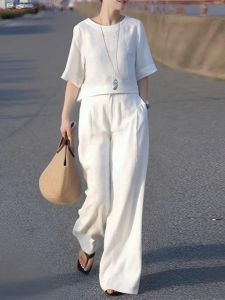 Summer Fashion Casual Wide Leg Pants Set Womens plus Size Loose Slimming High End Leisure Two Piece Set Pure Color