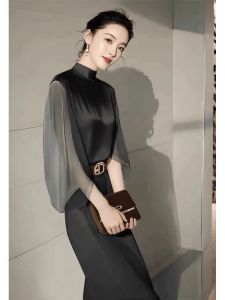 Elegant Black Shirt Skirt Set Womens High Waist Straight Cut Long Sleeve Commute Fashion Autumn Outfit for Important Occasions