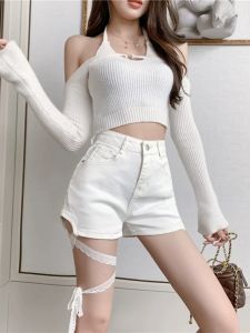 สูง เอว เดนิม กางเกงขาสั้น ผู้หญิง ฤดูร้อน Thin Hot กางเกง สีขาว ทรงเอ สั้นสูง เอว พรางหุ่น กางเกงยีนส์ ดีไซน์ ผูก เอว วงดนตรี