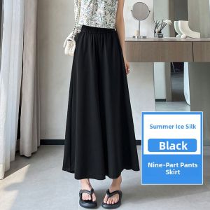 YAMIANNV | High Waist Ice Silk Skort Womens Summer Style Loose Wide Leg Pants Skirt Street Fashion Sporty Casual Plus Size Ladies Clothing
