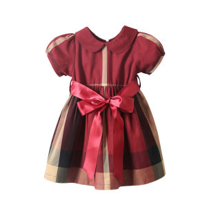 Summer Plaid Cotton Princess Dress for Baby Girls One Year Old Red Birthday Dress Childrens Clothing British Style Pure Cotton