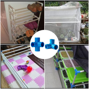 PVC Pipe Blue Fittings Connector Coupling 3 Way 4 Way Tee Water Pipe Plastic Joint Accessories Shelf Assembly 3/4" 1/2" 1"
