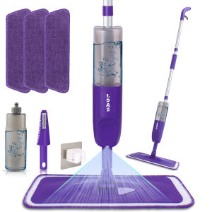 DARIS Spray Mop 500ml Bottle 3 Microfiber Mop Pads Scraper Mop Clip Wet and Dry Use Flat Floor Cleaning Mop