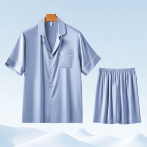 Catman Summer Ice Silk Long Sleeve Sleepwear Set Luxury Home Leisure Thin Polyester Fiber Mens Nightgown Three-Piece Suit