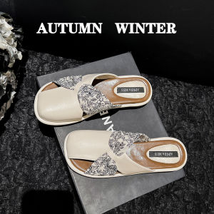 French Style Flat Bottom Mules Womens Summer Outdoor Fashionable Slippers Half Slippers Covering Head Ultra-Fine Fiber