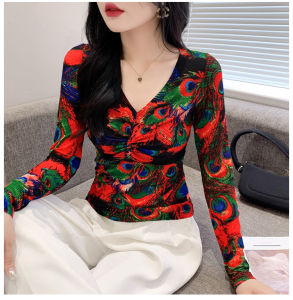 REHIN Autumn New V-Neck Floral Peacock Print Long Sleeve T-Shirt Fashionable and Versatile Elegant Womens Top