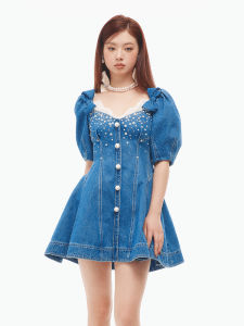LeFame Fashion Nail Bead Slimming Short Denim Dress Women High Waist Cotton Bubble Sleeve V Neck a Line Skirt City Walk Dress