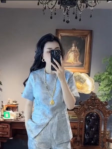 High-End Fashion Set 2025 Summer New Chinese Style Retro Embroidery Short Sleeve Womens Top plus Nine-Piece Pants