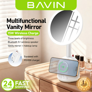 BAVIN BM29 Multifunctional Vanity Mirror Bluetooth Speaker w/15W Magnetic Wireless Fast Charge + Freebie 30WPD Charger