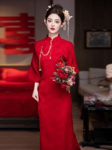 Red Chinese Style Cheongsam Wedding Dress High Quality Elegant New Bride Gown for Engagement And Homecoming Celebration