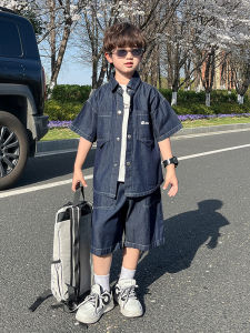 Boys Summer Denim Short Sleeve Shirt And Shorts Set Cool Handsome Two Piece Suit Breathable Lightweight Comfortable Child Outfit
