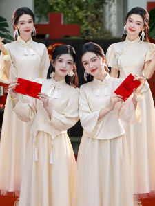 ชุดสาวต้อนรับแขกสีชมพูทองสไตล์จีน ฤดูใบไม้ร่วง/ฤดูหนาว ชุดกระโปรงยาวสไตล์น้องสาว ชุดเจ้าสาว ชุดราตรี