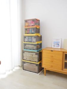 Multifunctional foldable storage box transparent Plastic Box with side door and wheels Collapsible storage
