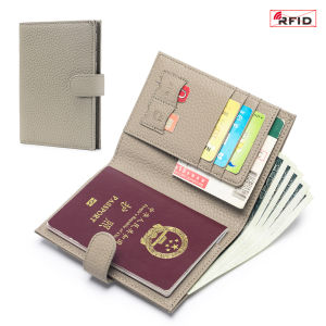 Litchi Pattern Genuine Leather RFID Passport Wallet Multi-Function Ticket Clip Customizable Logo Engraving Womens Handbag