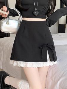 กระโปรงสั้นทรงเอเอวสูงผู้หญิงลายลูกไม้ กระโปรงสั้นป้องกันการโชว์เนื้อ ชุดทำงานสไตล์เกาหลี กระโปรงสั้นลายโบว์ผีเสื้อ