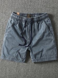 Mùa Hè Ôm Vừa Vặn Thoải Mái Vintage Washed Pure Cotton Vải Bông Quần Short Quần Đùi Nam Cạp Chun Tiếp Xúc Đầu Gối Màu Xanh Nhạt Màu Xám Chiều Dài Ba Phần Tư