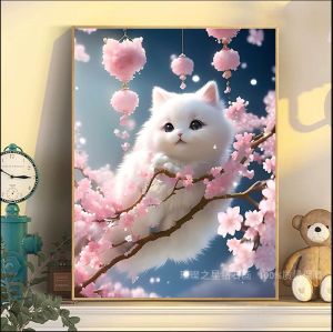 Modern Minimalist Diamond Painting Cherry Blossom Cat Cute Cartoon No Frame Bedroom Living Room Full Diamond Art Cross Stitch