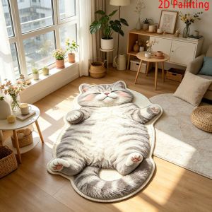 VIKAMA Cute Chubby Cat Shaped Area Rug Non Slip Fluffy Animal Floor Mat Ins Cream Style Bedroom Bedside Decor Carpet