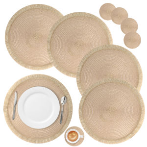 Set of 4 Braided Cotton Placemats with Coasters Washable Heat Resistant Mats Boho Woven Table Mats for Christmas Dining Table