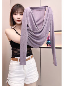 Autumn Clothing New Arrival Asymmetrical Cross V-neck Long Sleeves T-Shirt Womens Stretch Tight-Fitting Cinched Slim Looking Bottoming Shirt Inner Wear Blouse