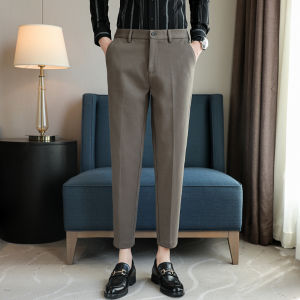กางเกงสูทเล็กผ้าวูลสีกาแฟอ่อนฤดูใบไม้ร่วงและฤดูหนาว2022กางเกงขายาวขาเดฟลำลองเก้าส่วนเข้ารูปเพิ่มความหนาสไตล์เกาหลีผู้ชาย