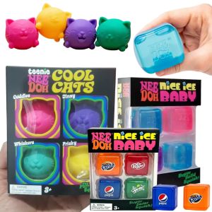 Schylling Nee Doh Soda Color Nice Cube & Mini Cat 4 Pack Slow Rebound Fidget Toy Stress Relief Party Gift