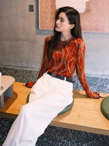 DANTING | Chic Red Printed Long Sleeve T-shirt and Wide Leg Pants Set