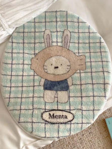 VIKAMA Cute Bunny Chef Oval Rug With Pink And White Stripes And Red Checkered Apron Design For Bedside Decoration